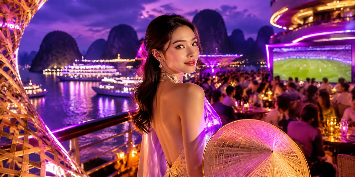 Phong cảnh vịnh Hạ Long với nón lá truyền thống bên bờ cá cược